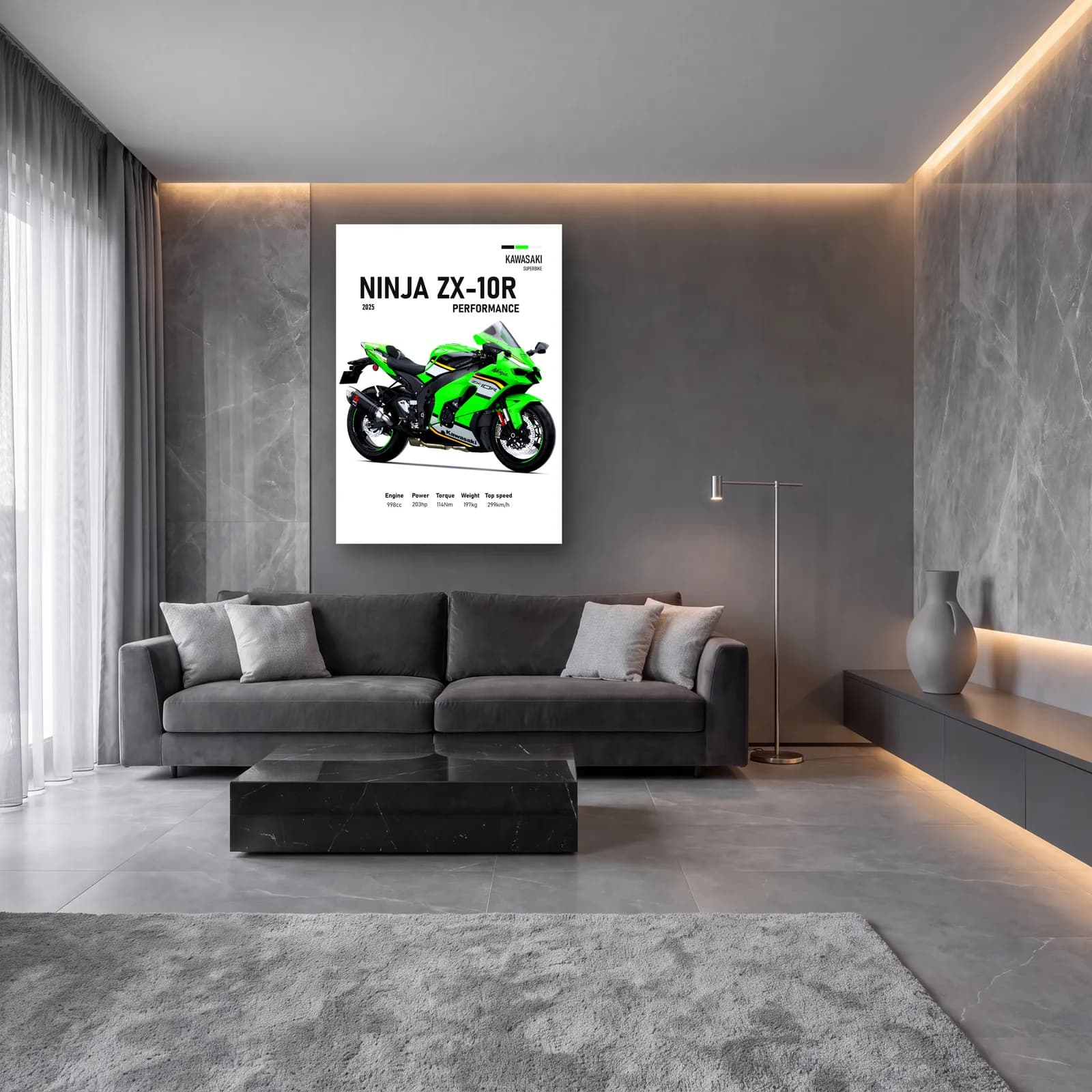 Kawasaki Ninja ZX-10R Performance 2025 cam tablo — lüks salon duvarında