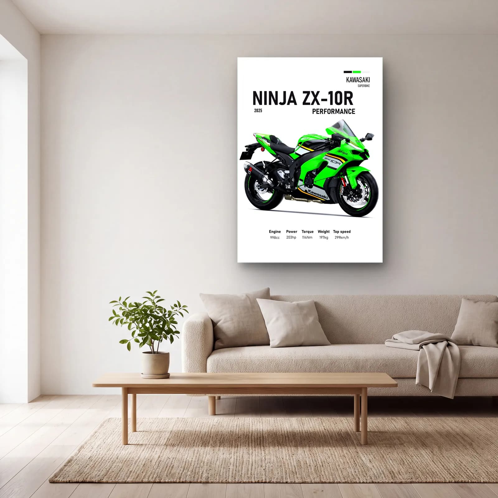 Kawasaki Ninja ZX-10R Performance 2025 cam tablo — açık renk salonda