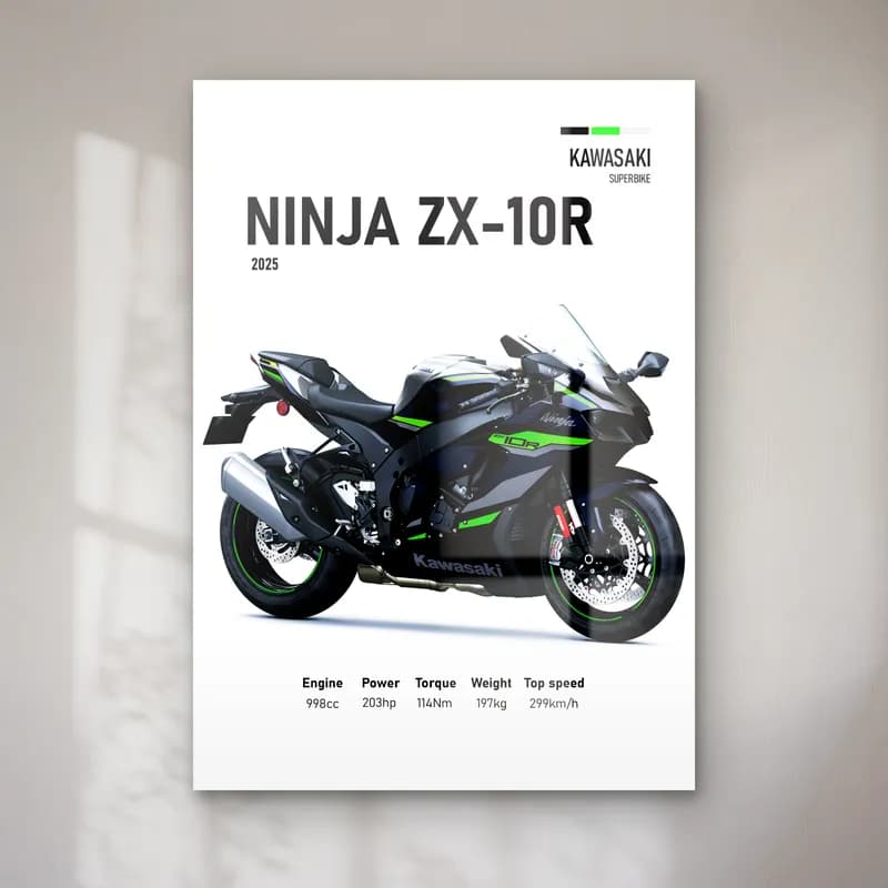 Kawasaki Ninja ZX-10R 2025 cam tablo — Beyaz zeminde siyah gri Kawasaki Ninja ZX-10R 2025 ve teknik veriler