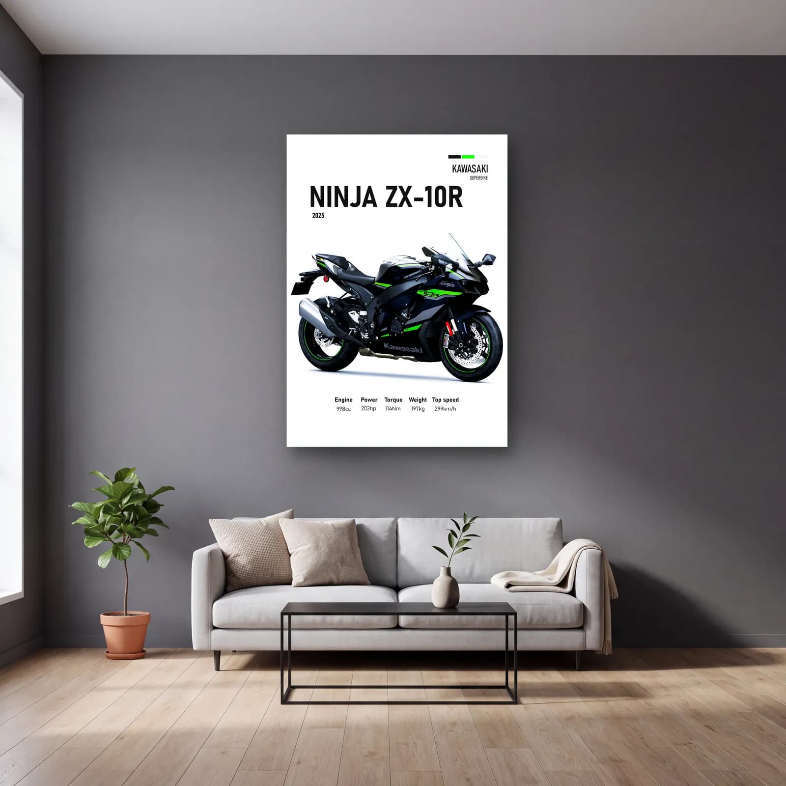 Kawasaki Ninja ZX-10R 2025 cam tablo — gri duvarlı salonda