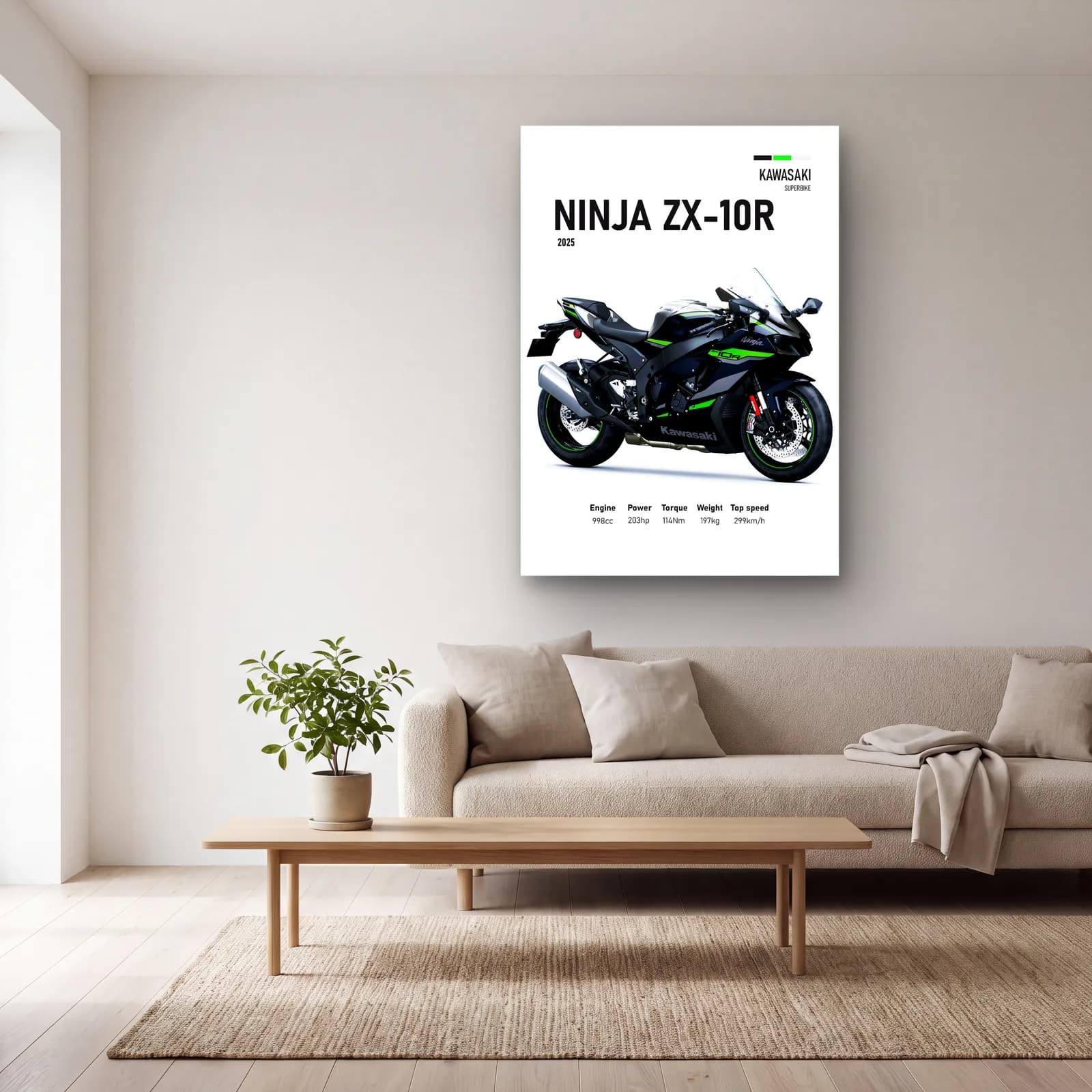 Kawasaki Ninja ZX-10R 2025 cam tablo — açık renk salonda