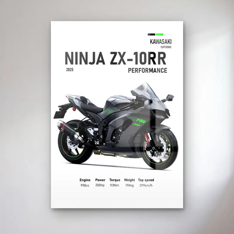 Kawasaki Ninja ZX-10RR Performance 2025 cam tablo — Beyaz zeminde siyah gri Kawasaki Ninja ZX-10RR Performance 2025 ve teknik veriler