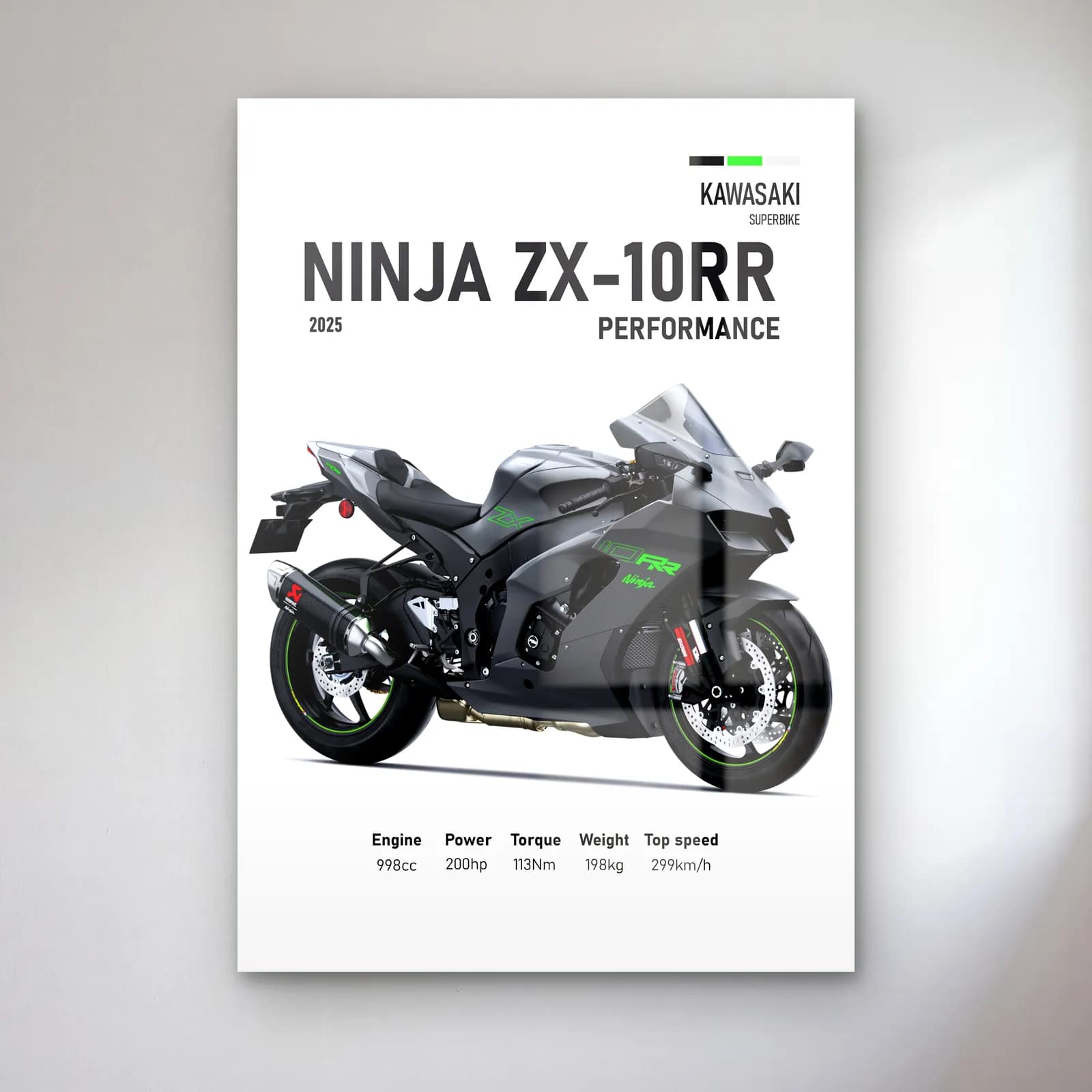 Kawasaki Ninja ZX-10RR Performance 2025 cam tablo — Beyaz zeminde siyah gri Kawasaki Ninja ZX-10RR Performance 2025 ve teknik veriler
