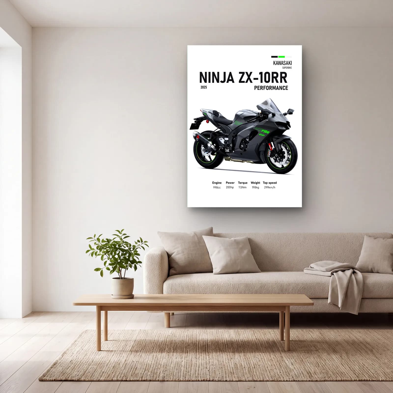 Kawasaki Ninja ZX-10RR Performance 2025 cam tablo — açık renk salonda