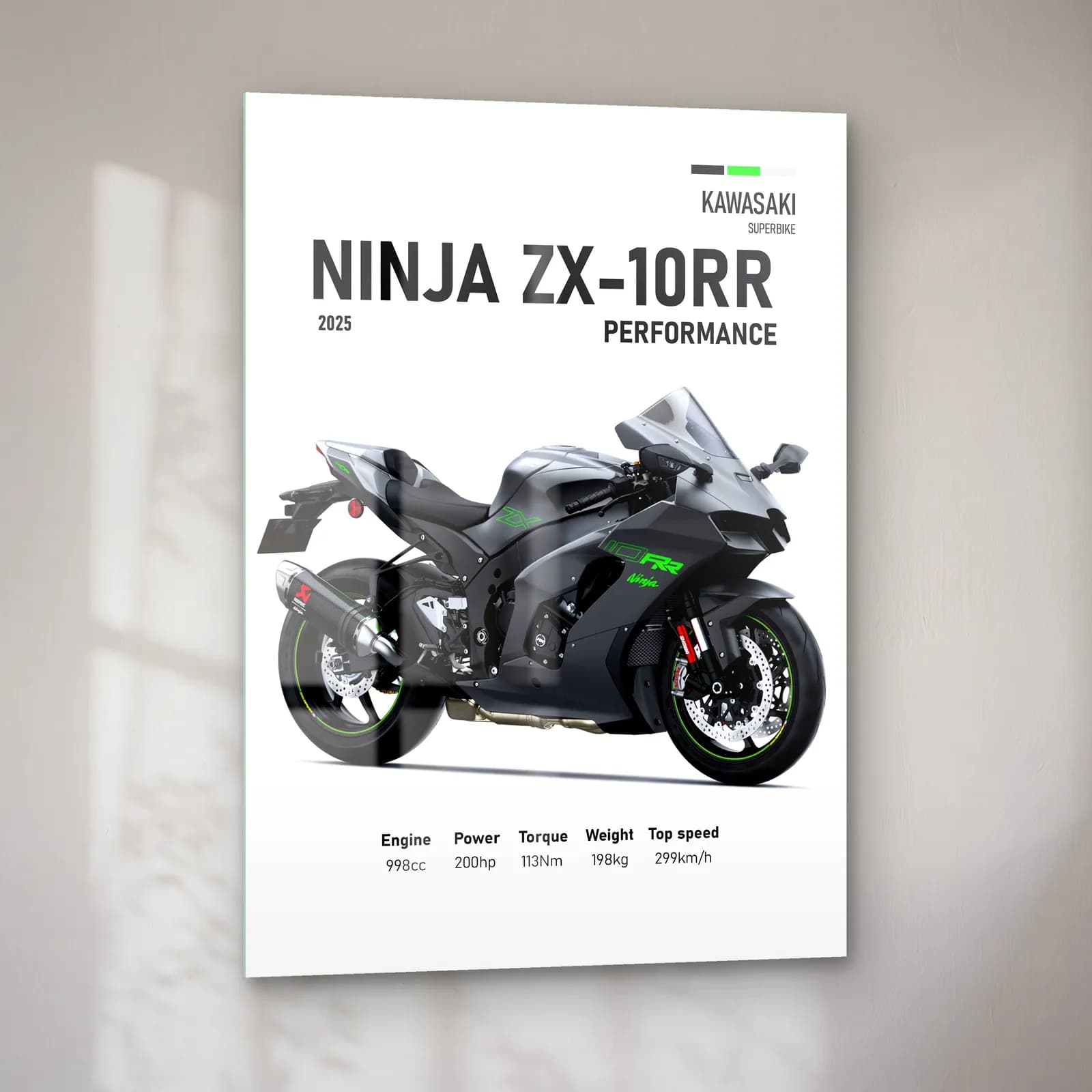Kawasaki Ninja ZX-10RR Performance 2025 cam tablo — sol açıdan görünüm