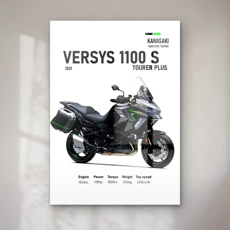 Versys 1100 S Tourer Plus 2025 cam tablo — Beyaz zeminde siyah gri Kawasaki Versys 1100 S Tourer Plus 2025 ve teknik veriler