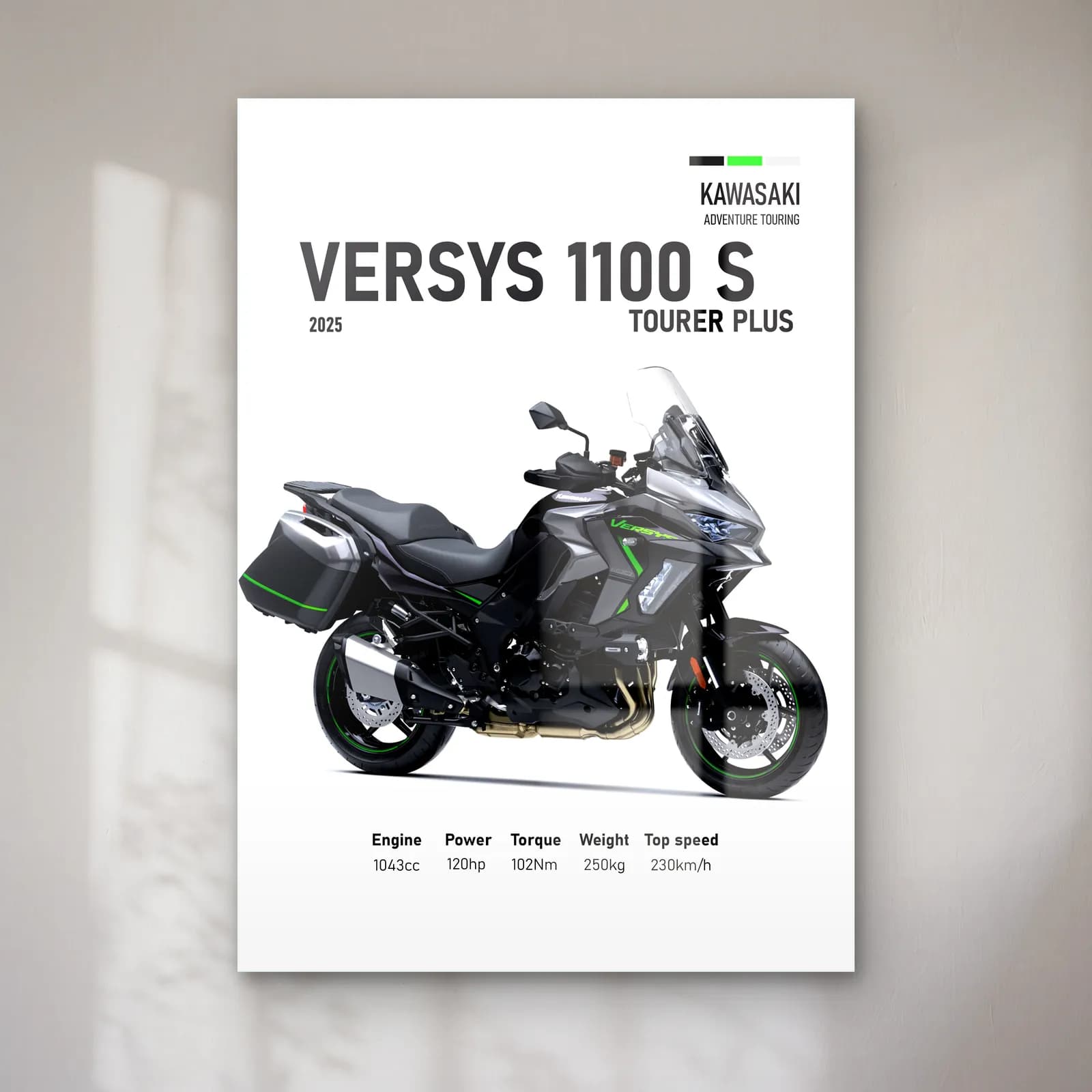 Versys 1100 S Tourer Plus 2025 cam tablo — Beyaz zeminde siyah gri Kawasaki Versys 1100 S Tourer Plus 2025 ve teknik veriler
