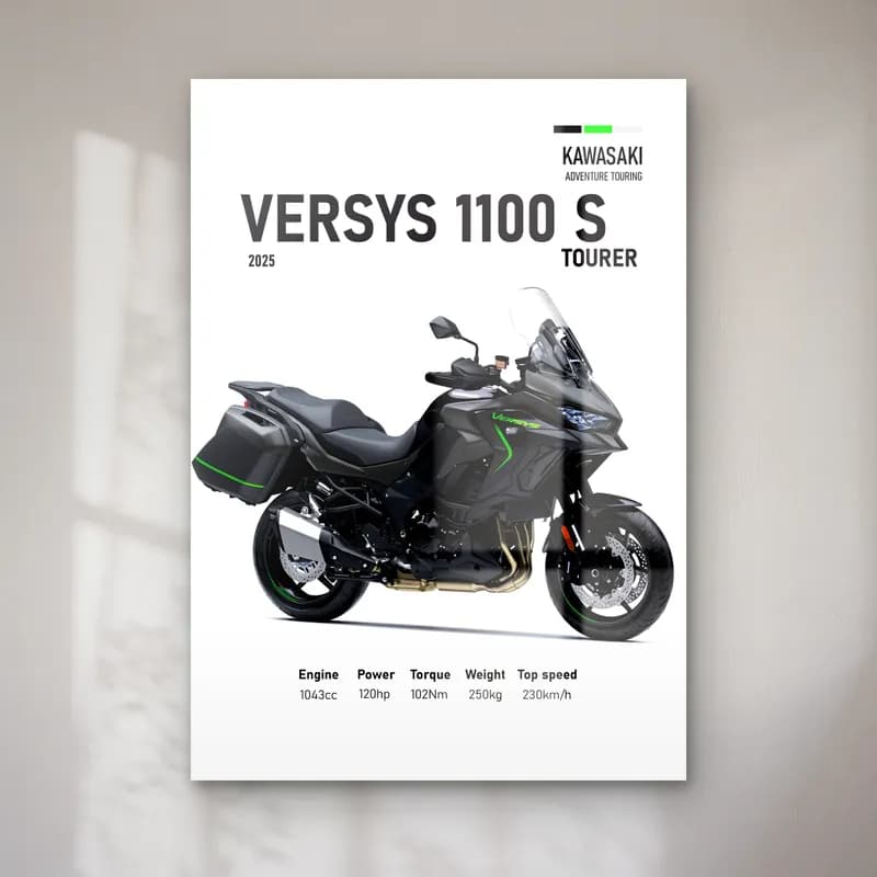 Kawasaki Versys 1100 S Tourer 2025 cam tablo — Beyaz zeminde siyah gri Kawasaki Versys 1100 S Tourer 2025 ve teknik veriler