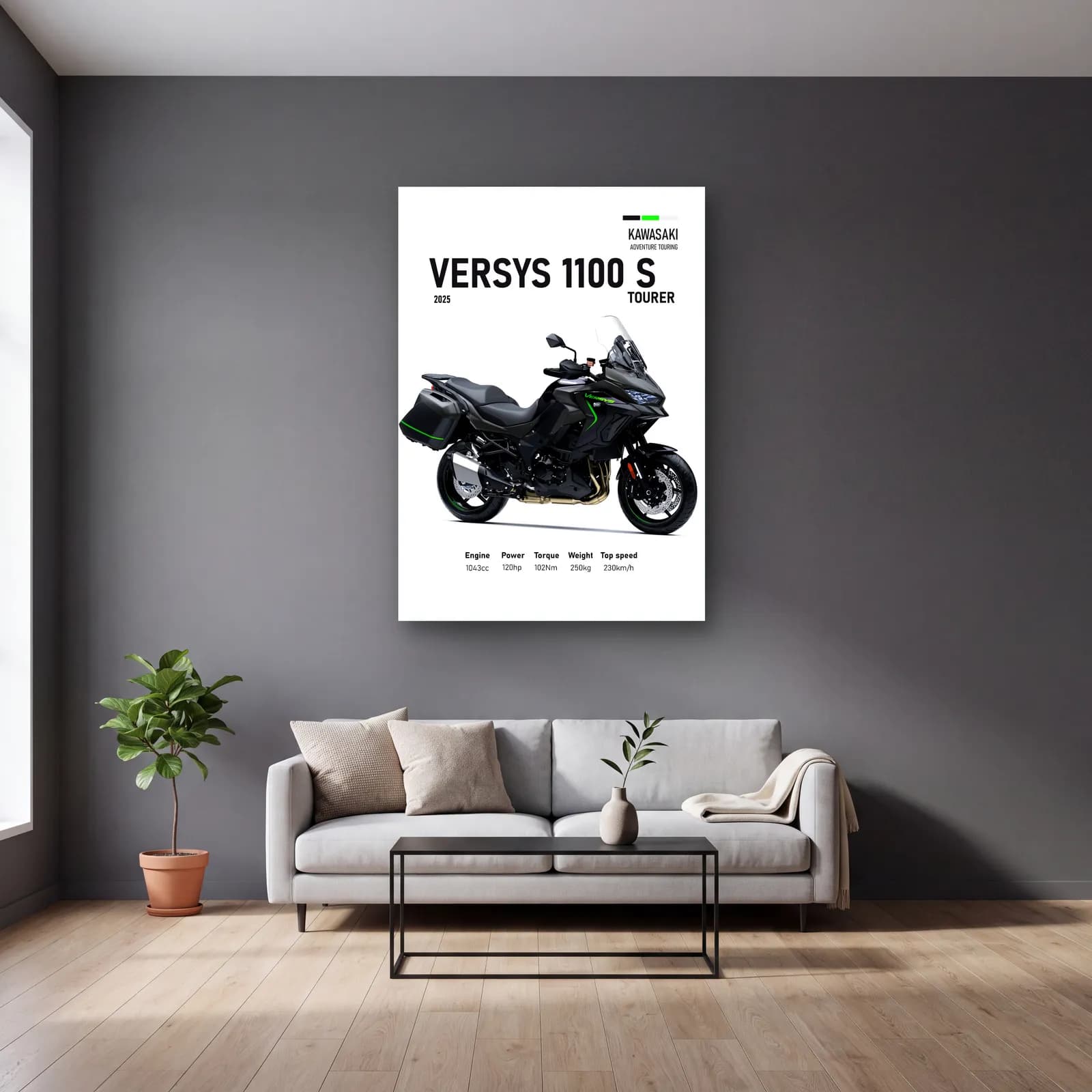 Kawasaki Versys 1100 S Tourer 2025 cam tablo — gri duvarlı salonda