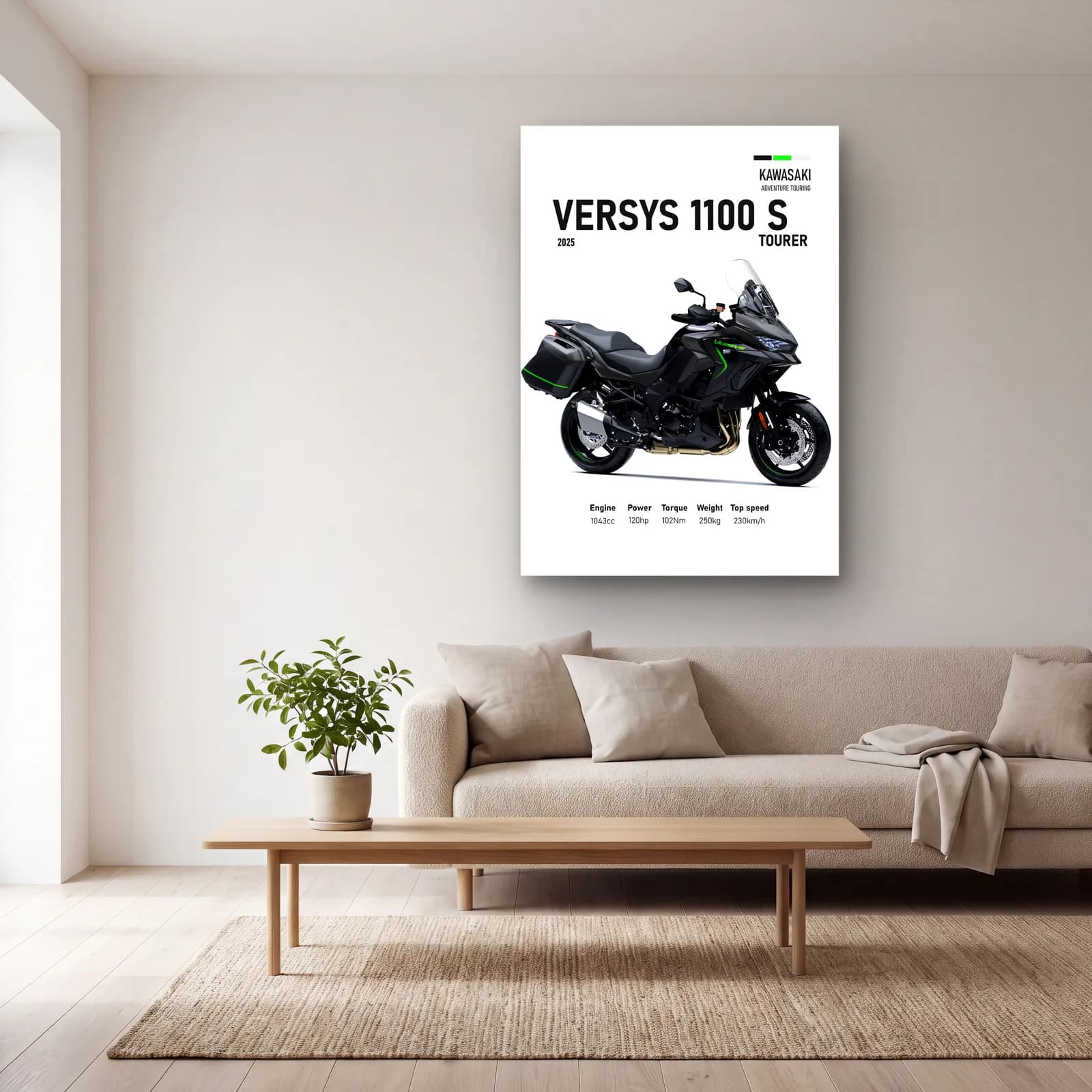 Kawasaki Versys 1100 S Tourer 2025 cam tablo — açık renk salonda