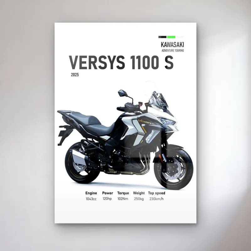 Kawasaki Versys 1100 S 2025 cam tablo — Beyaz zeminde siyah gri Kawasaki Versys 1100 S 2025 ve teknik veriler
