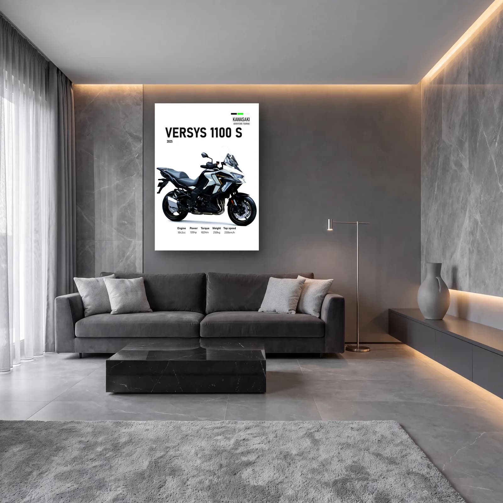 Kawasaki Versys 1100 S 2025 cam tablo — lüks salon duvarında