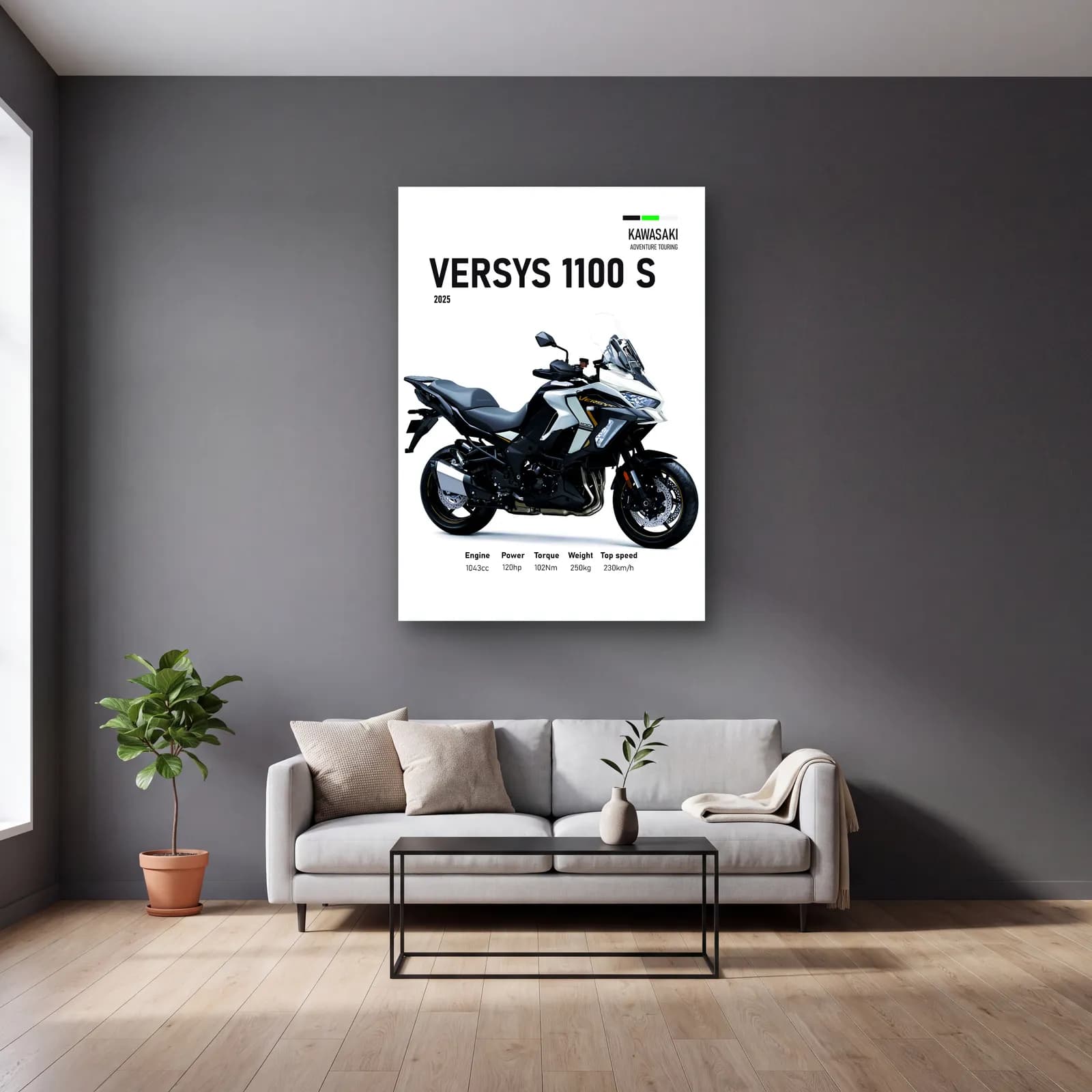 Kawasaki Versys 1100 S 2025 cam tablo — gri duvarlı salonda