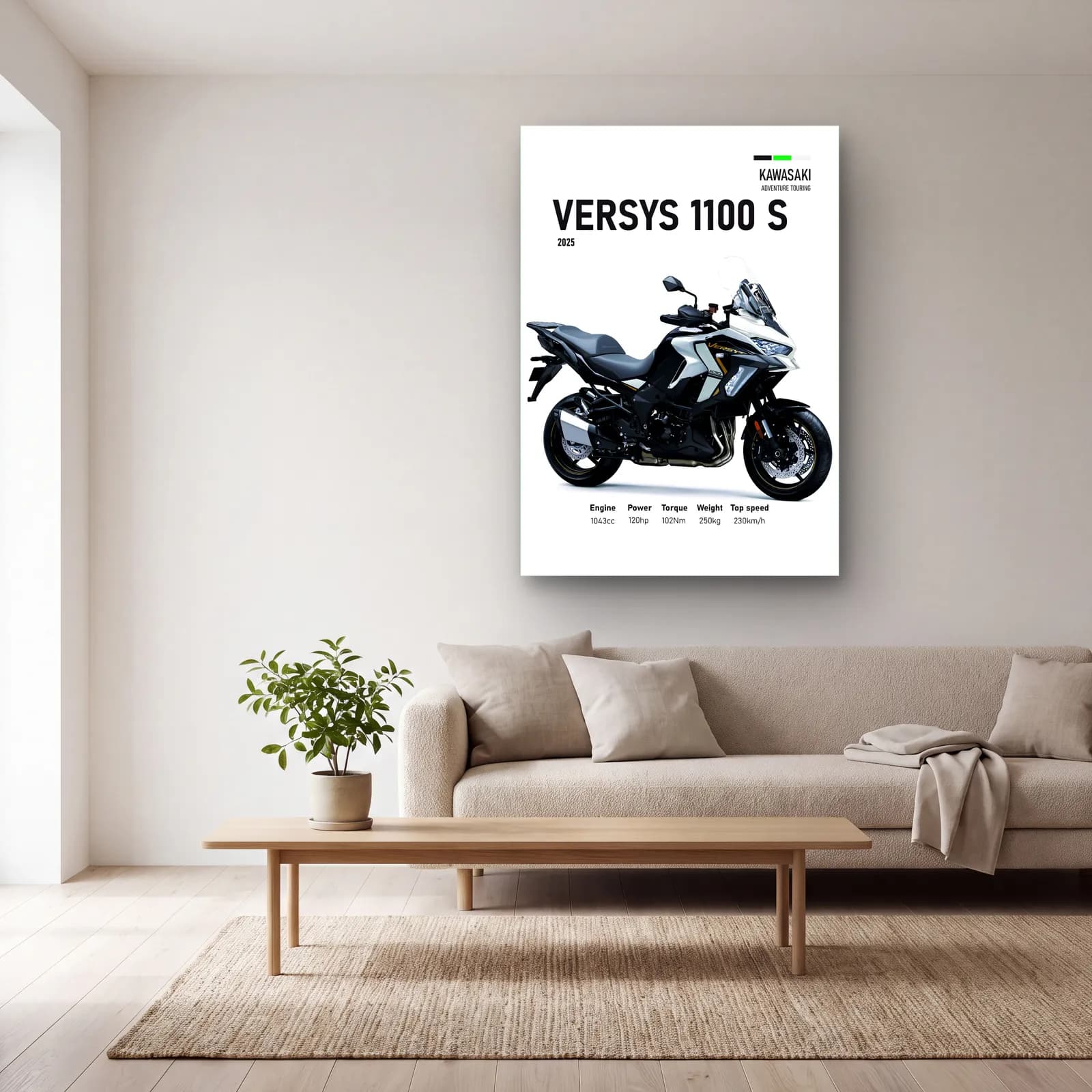 Kawasaki Versys 1100 S 2025 cam tablo — açık renk salonda