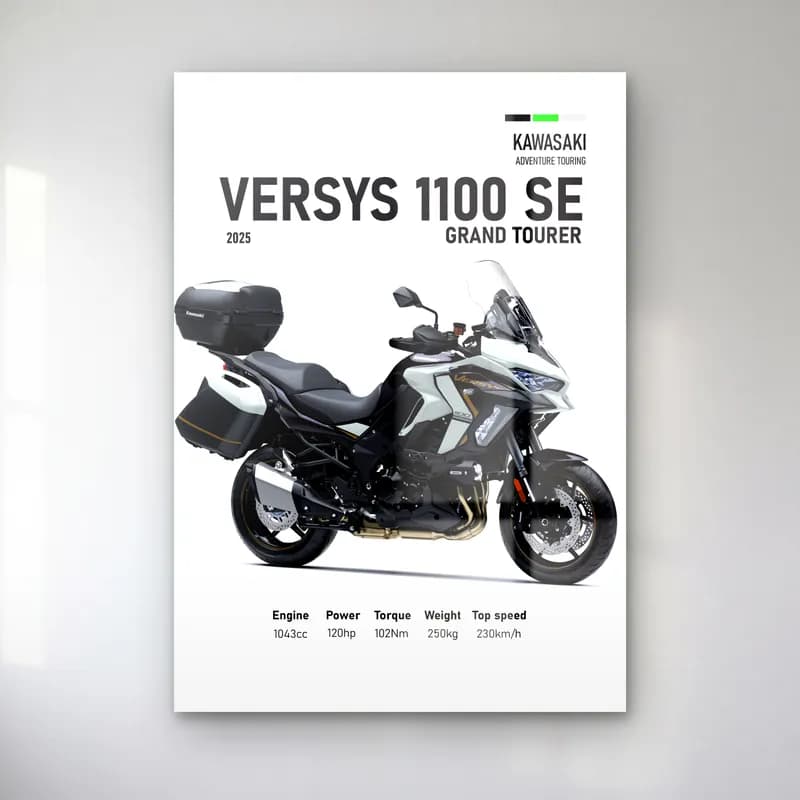 Versys 1100 SE Grand Tourer 2025 cam tablo — Beyaz zeminde siyah gri Kawasaki Versys 1100 SE Grand Tourer 2025 ve teknik veriler