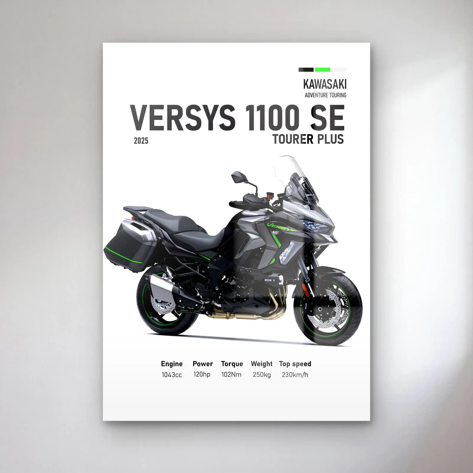 Versys 1100 SE Tourer Plus 2025 cam tablo — Beyaz zeminde siyah gri Kawasaki Versys 1100 SE Tourer Plus 2025 ve teknik veriler