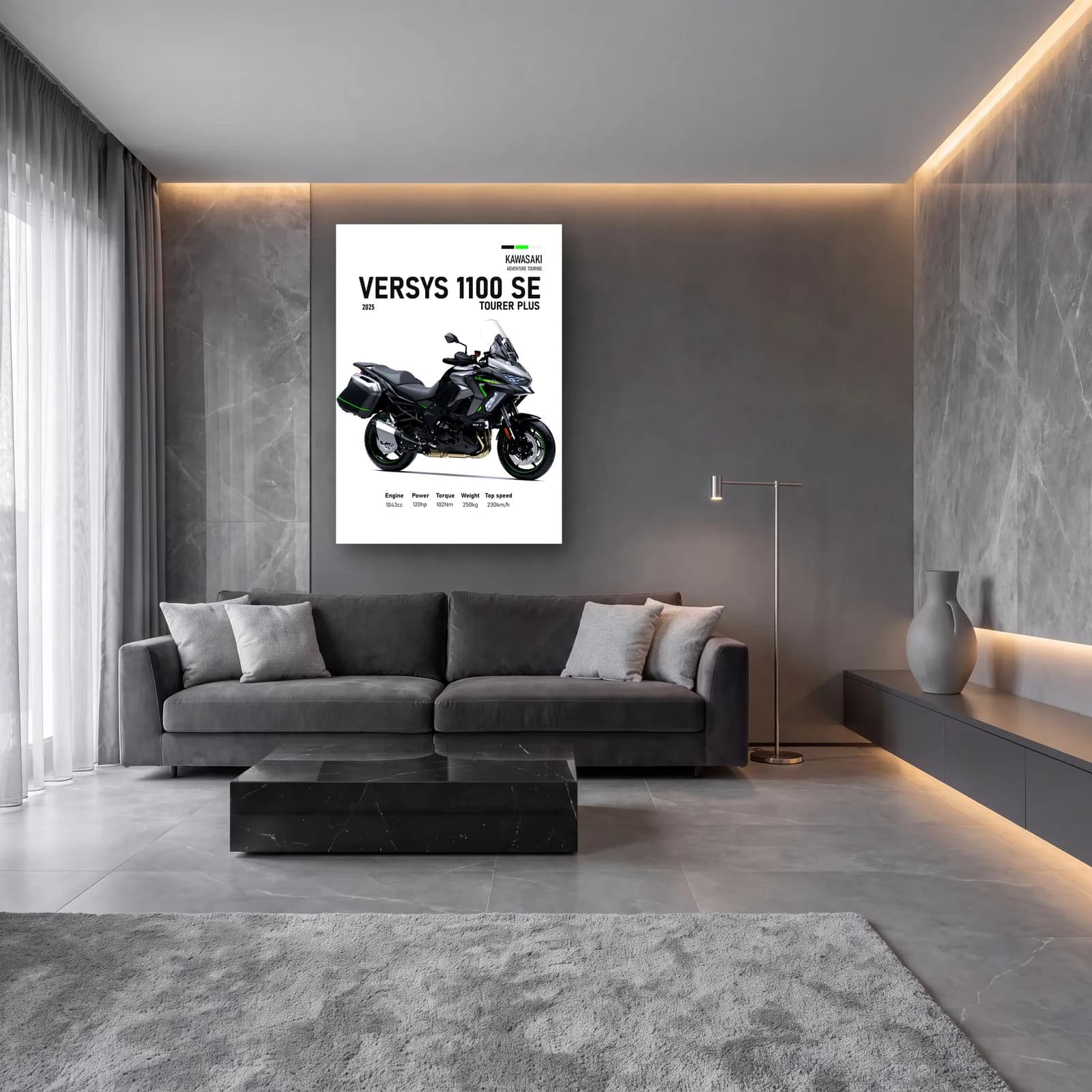 Versys 1100 SE Tourer Plus 2025 cam tablo — lüks salon duvarında