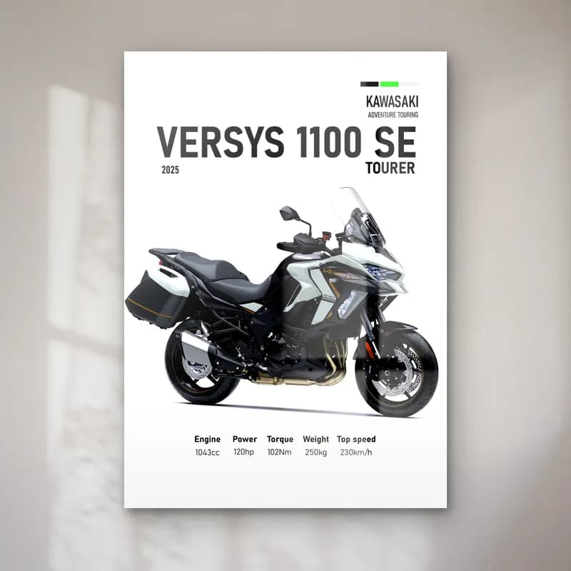 Kawasaki Versys 1100 SE Tourer 2025 cam tablo — Beyaz zeminde siyah gri Kawasaki Versys 1100 SE Tourer 2025 ve teknik veriler