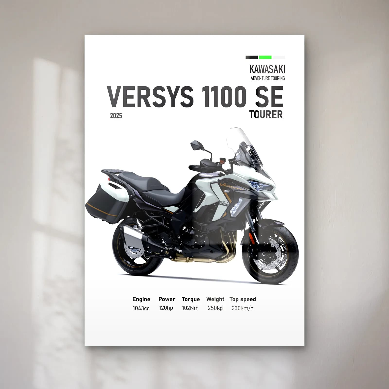 Kawasaki Versys 1100 SE Tourer 2025 cam tablo — Beyaz zeminde siyah gri Kawasaki Versys 1100 SE Tourer 2025 ve teknik veriler