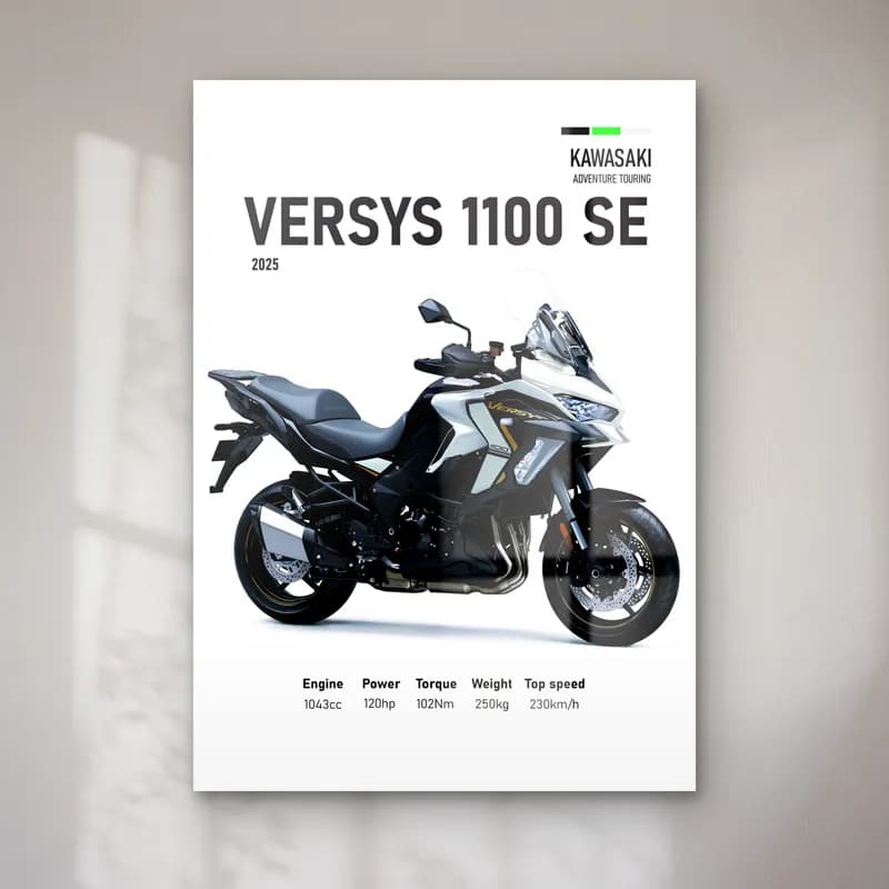 Kawasaki Versys 1100 SE 2025 cam tablo — Beyaz zeminde siyah gri Kawasaki Versys 1100 SE 2025 ve teknik veriler