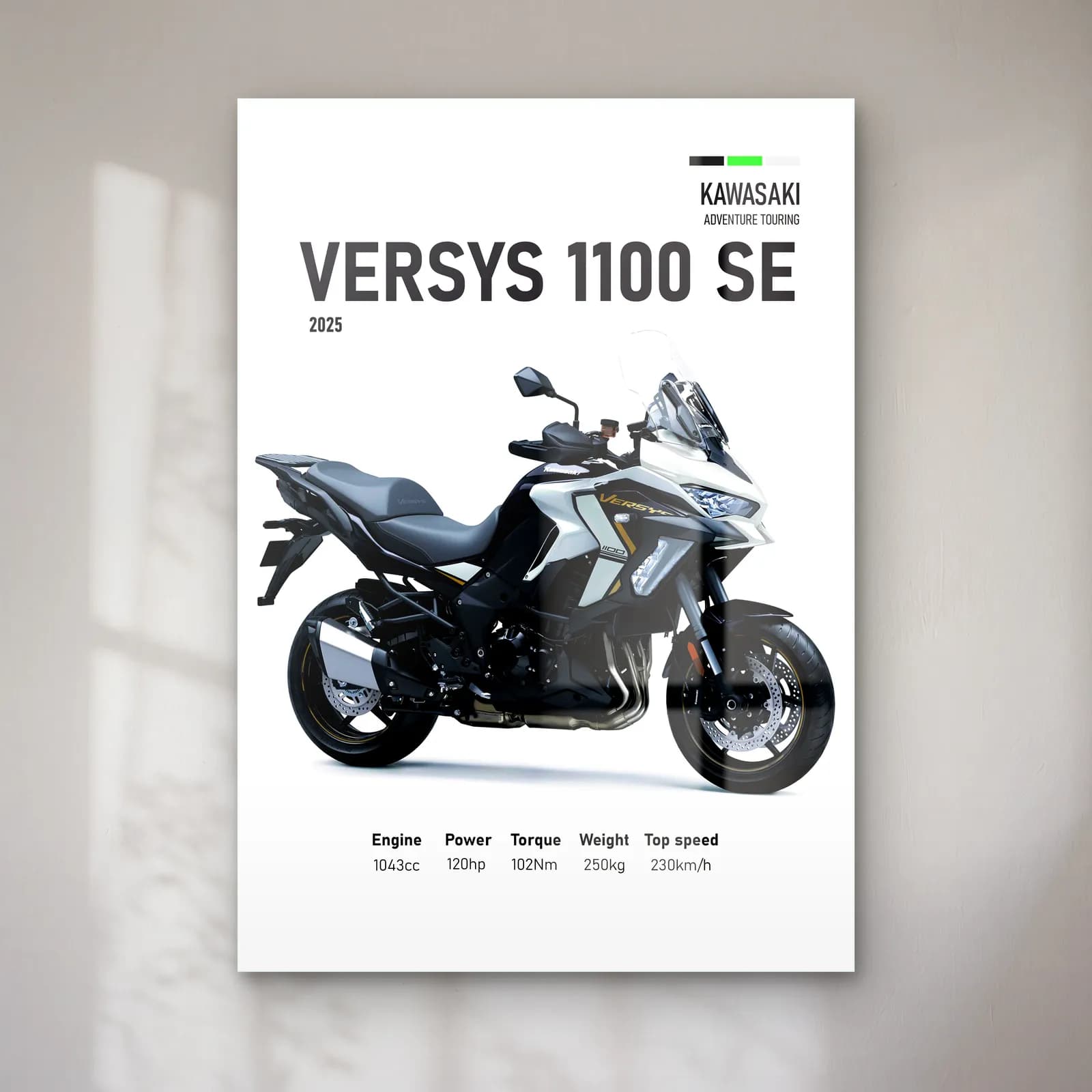 Kawasaki Versys 1100 SE 2025 cam tablo — Beyaz zeminde siyah gri Kawasaki Versys 1100 SE 2025 ve teknik veriler