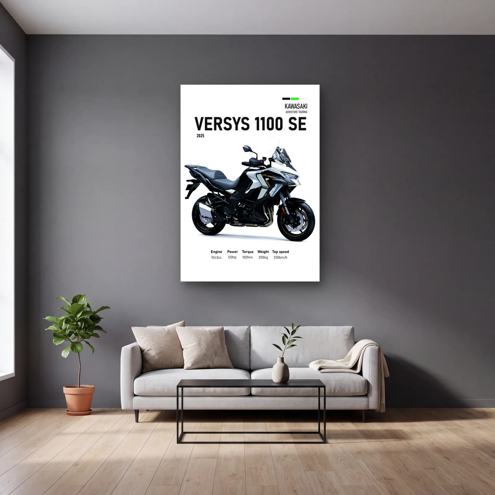 Kawasaki Versys 1100 SE 2025 cam tablo — gri duvarlı salonda