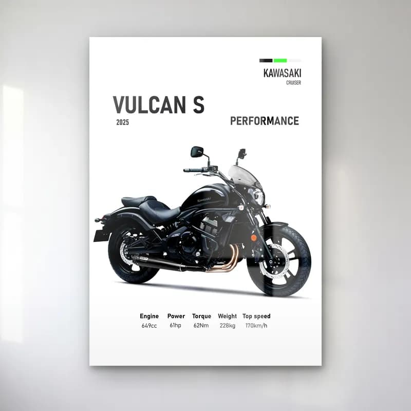 Kawasaki Vulcan S Performance 2025 cam tablo — Beyaz zeminde siyah gri Kawasaki Vulcan S Performance 2025 ve teknik veriler