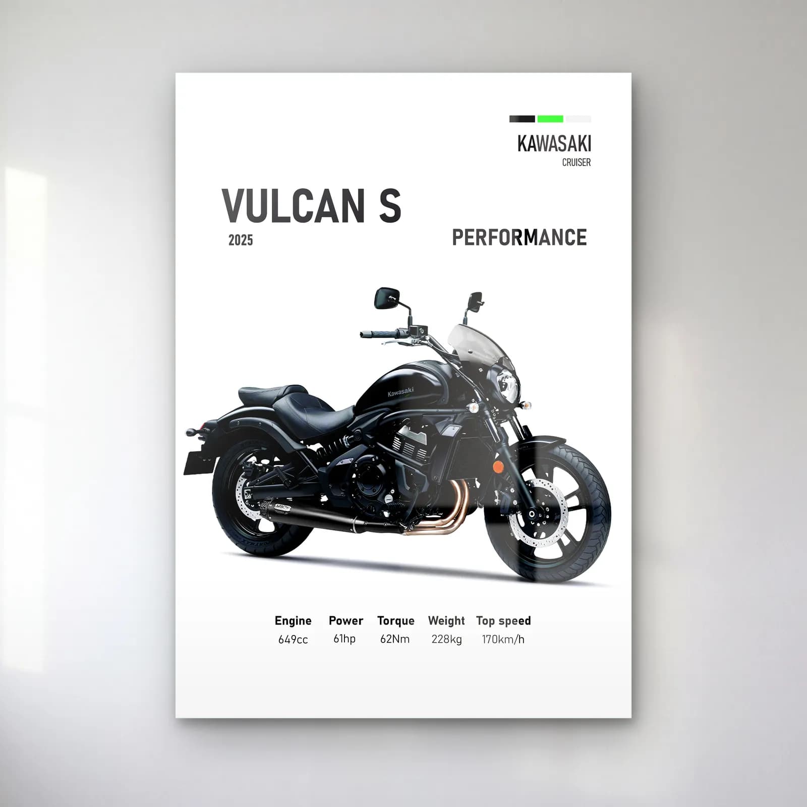 Kawasaki Vulcan S Performance 2025 cam tablo — Beyaz zeminde siyah gri Kawasaki Vulcan S Performance 2025 ve teknik veriler