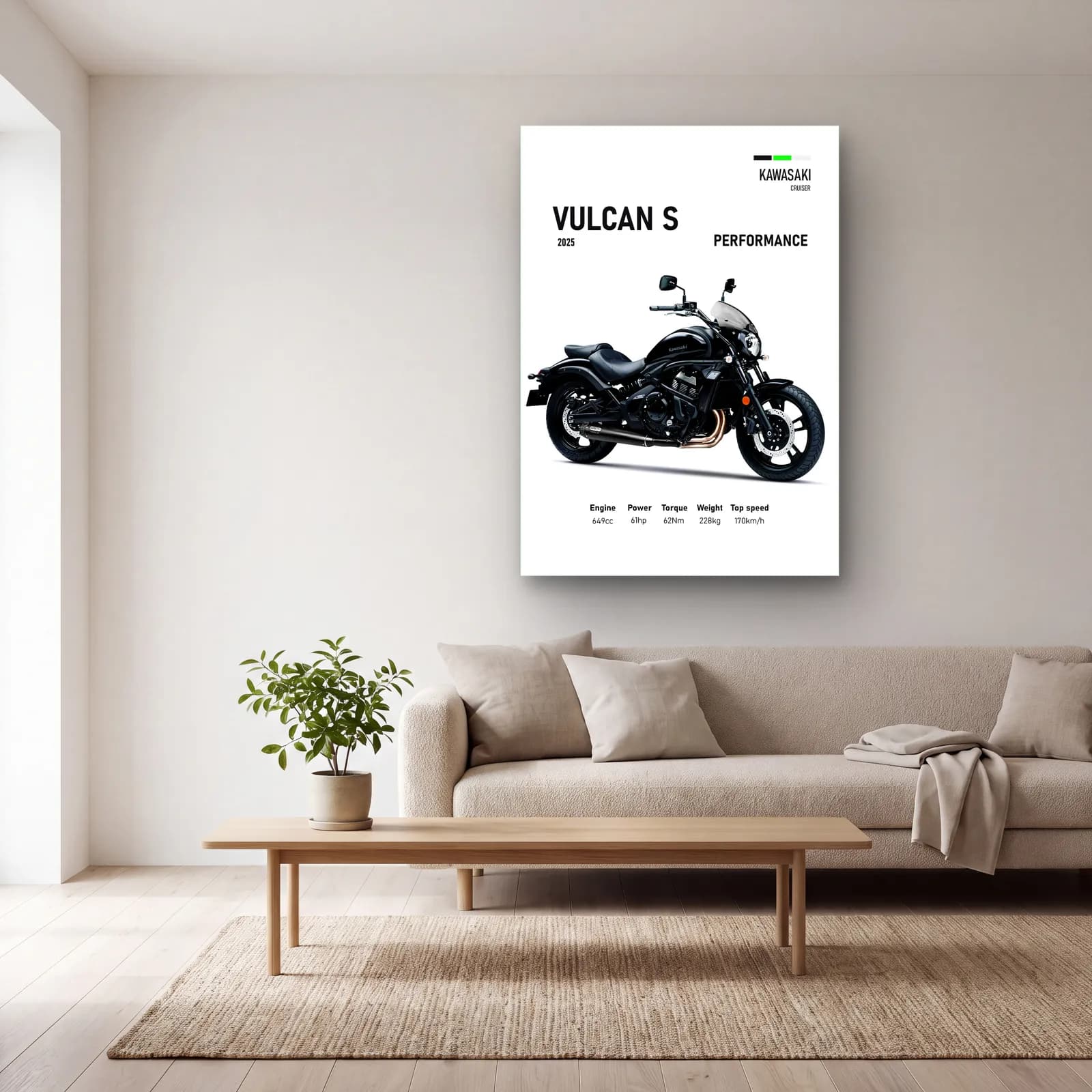 Kawasaki Vulcan S Performance 2025 cam tablo — açık renk salonda