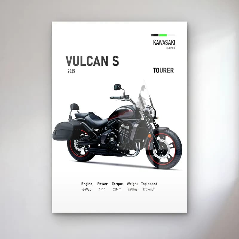 Kawasaki Vulcan S Tourer 2025 cam tablo — Beyaz zeminde siyah kırmızı Kawasaki Vulcan S Tourer 2025 ve teknik veriler