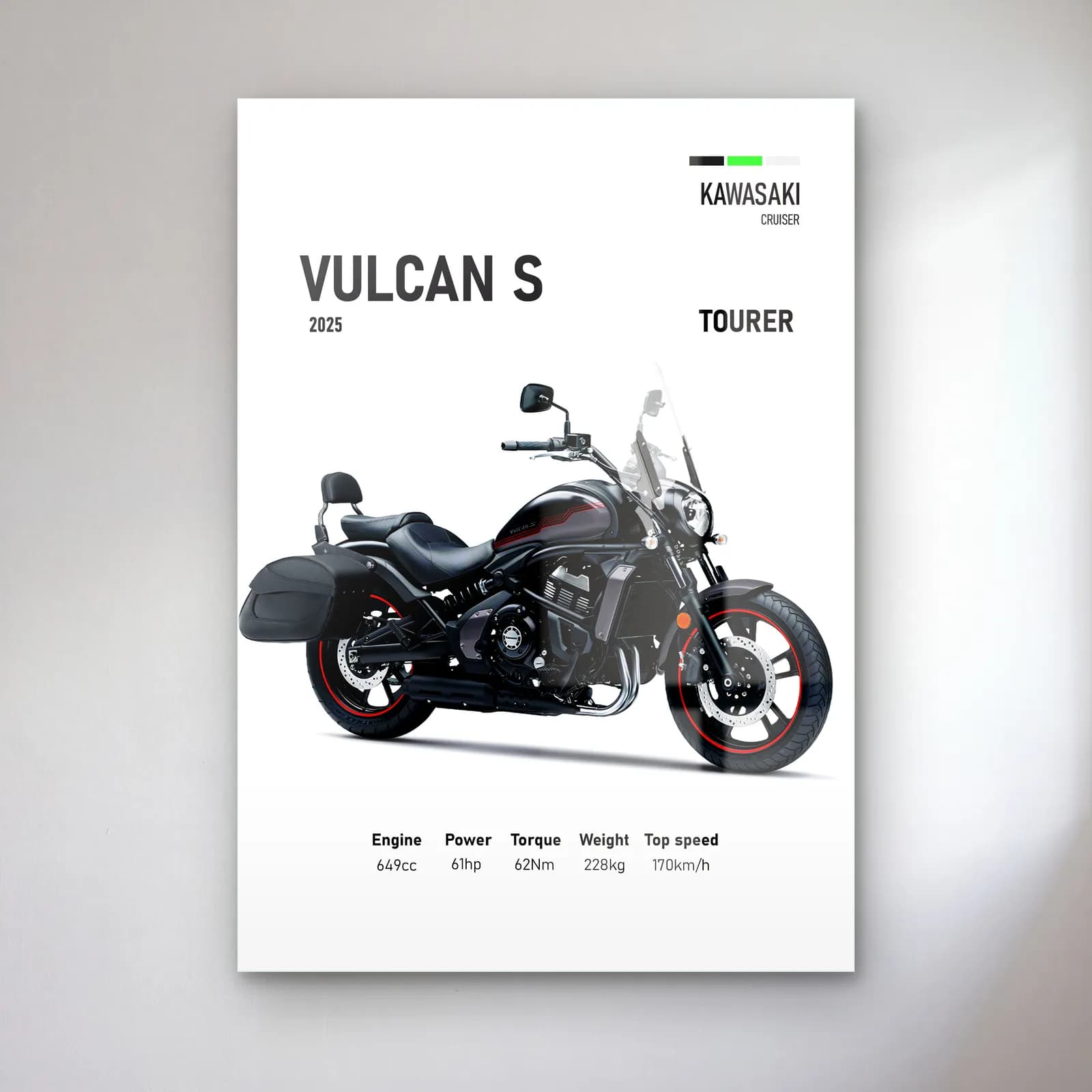 Kawasaki Vulcan S Tourer 2025 cam tablo — Beyaz zeminde siyah kırmızı Kawasaki Vulcan S Tourer 2025 ve teknik veriler