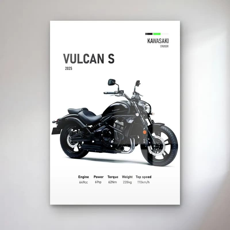 Kawasaki Vulcan S 2025 cam tablo — Beyaz zeminde siyah gri Kawasaki Vulcan S 2025 ve teknik veriler
