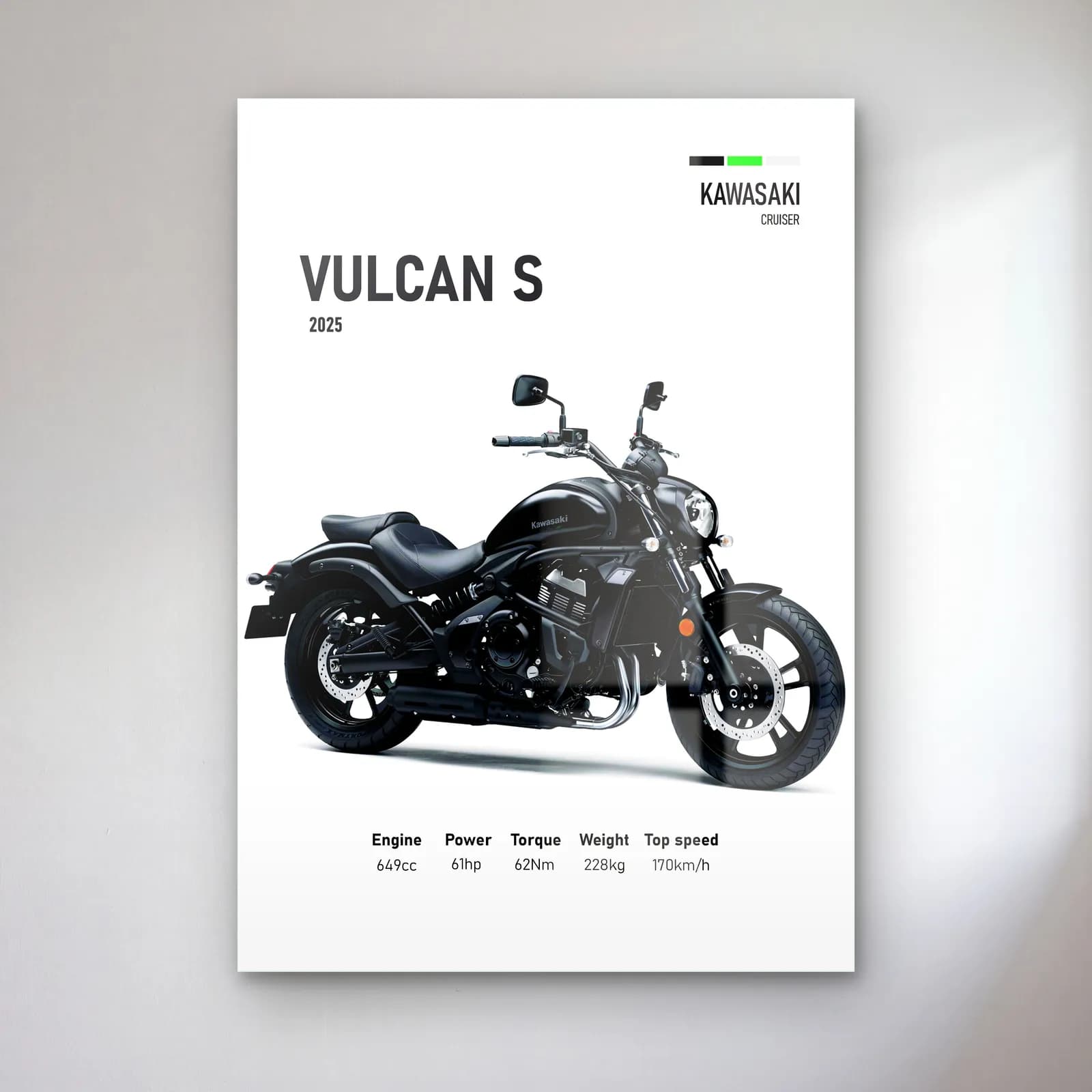 Kawasaki Vulcan S 2025 cam tablo — Beyaz zeminde siyah gri Kawasaki Vulcan S 2025 ve teknik veriler