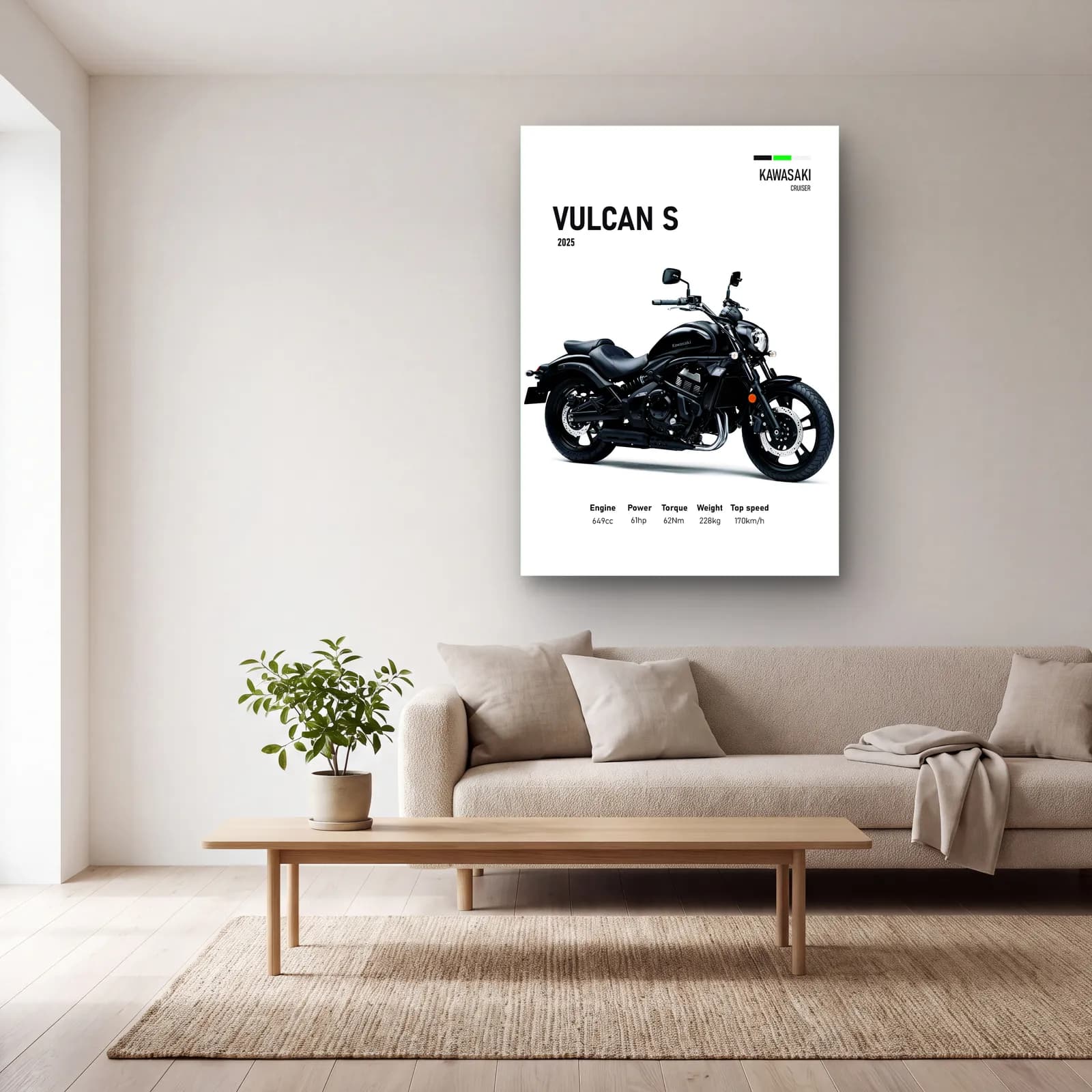 Kawasaki Vulcan S 2025 cam tablo — açık renk salonda