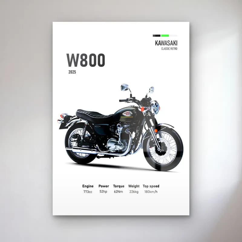 Kawasaki W800 2025 cam tablo — Beyaz zeminde siyah gümüş Kawasaki W800 2025 ve teknik veriler