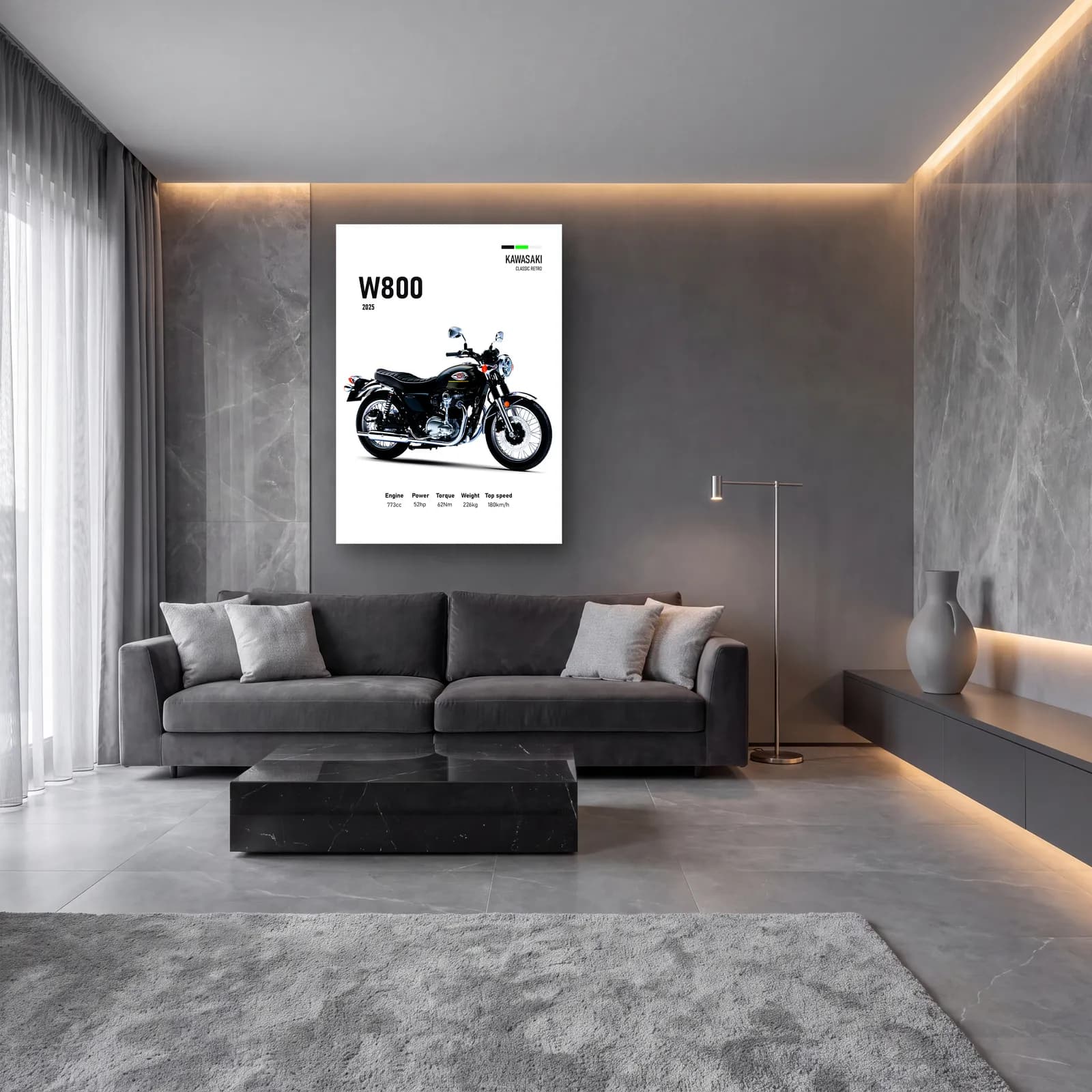 Kawasaki W800 2025 cam tablo — lüks salon duvarında