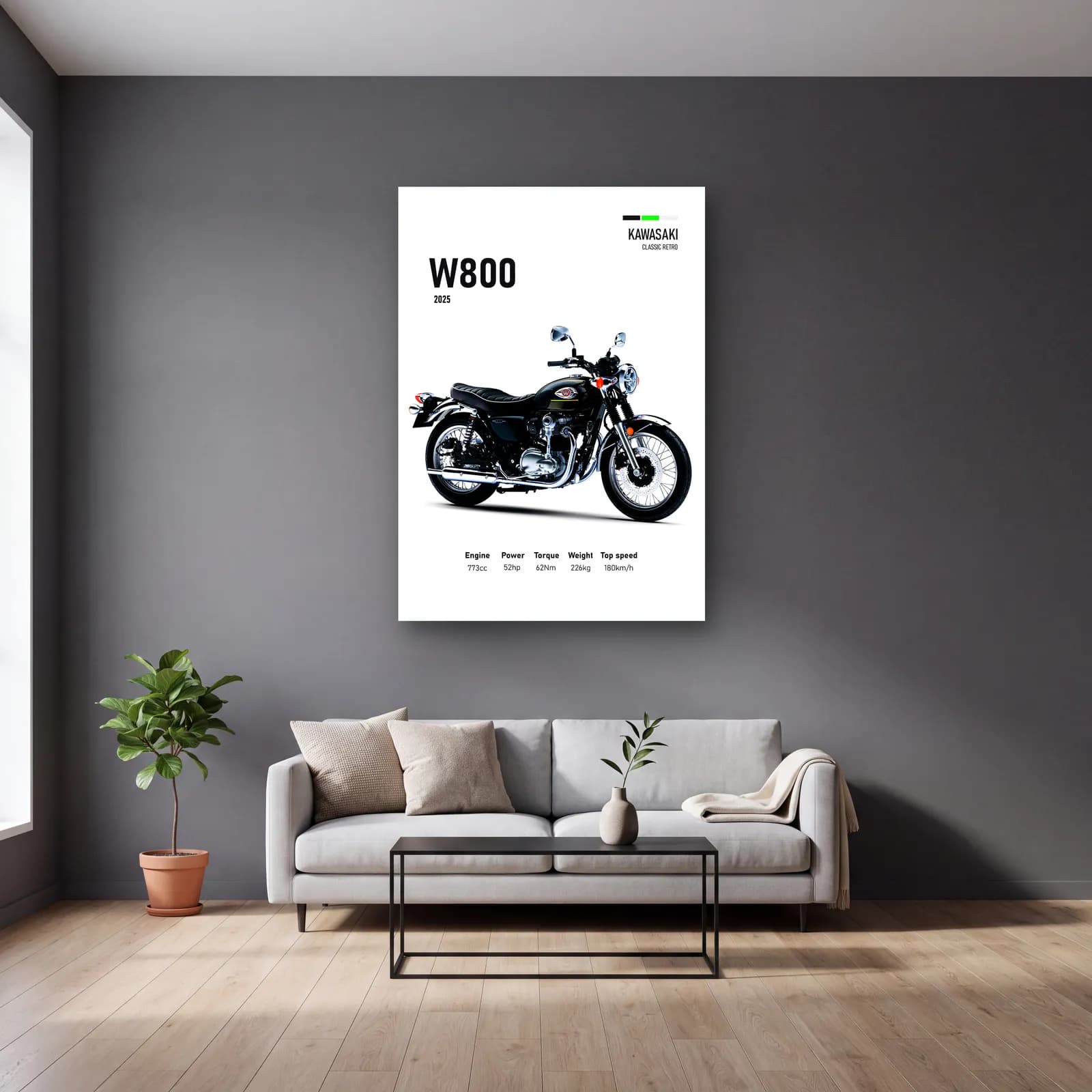 Kawasaki W800 2025 cam tablo — gri duvarlı salonda