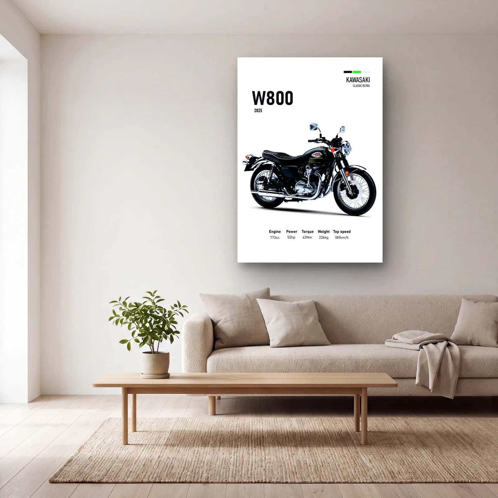 Kawasaki W800 2025 cam tablo — açık renk salonda