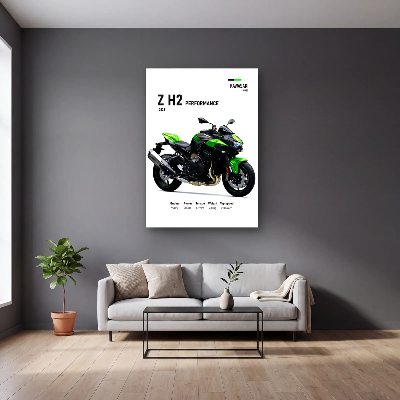 Kawasaki Z H2 Performance 2025 cam tablo — gri duvarlı salonda