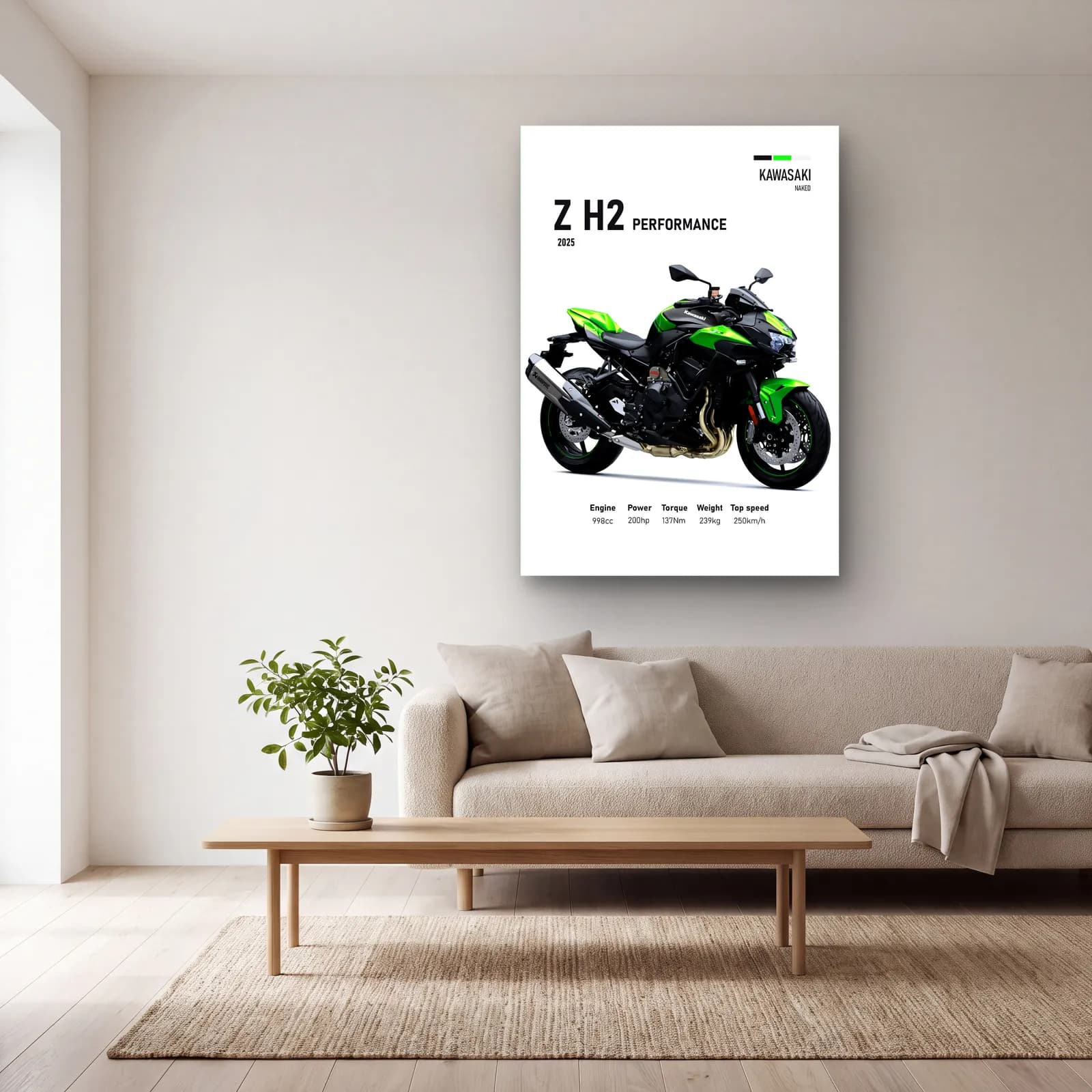 Kawasaki Z H2 Performance 2025 cam tablo — açık renk salonda
