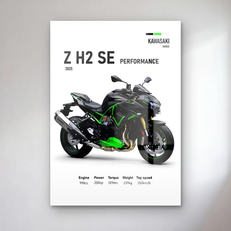 Kawasaki Z H2 SE Performance 2025 cam tablo — Beyaz zeminde siyah yeşil Kawasaki Z H2 SE Performance 2025 ve teknik veriler