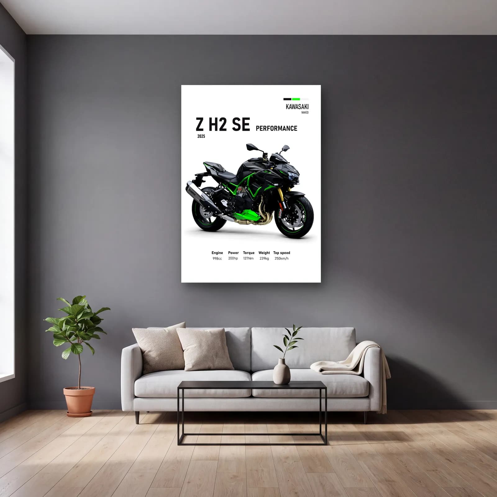Kawasaki Z H2 SE Performance 2025 cam tablo — gri duvarlı salonda