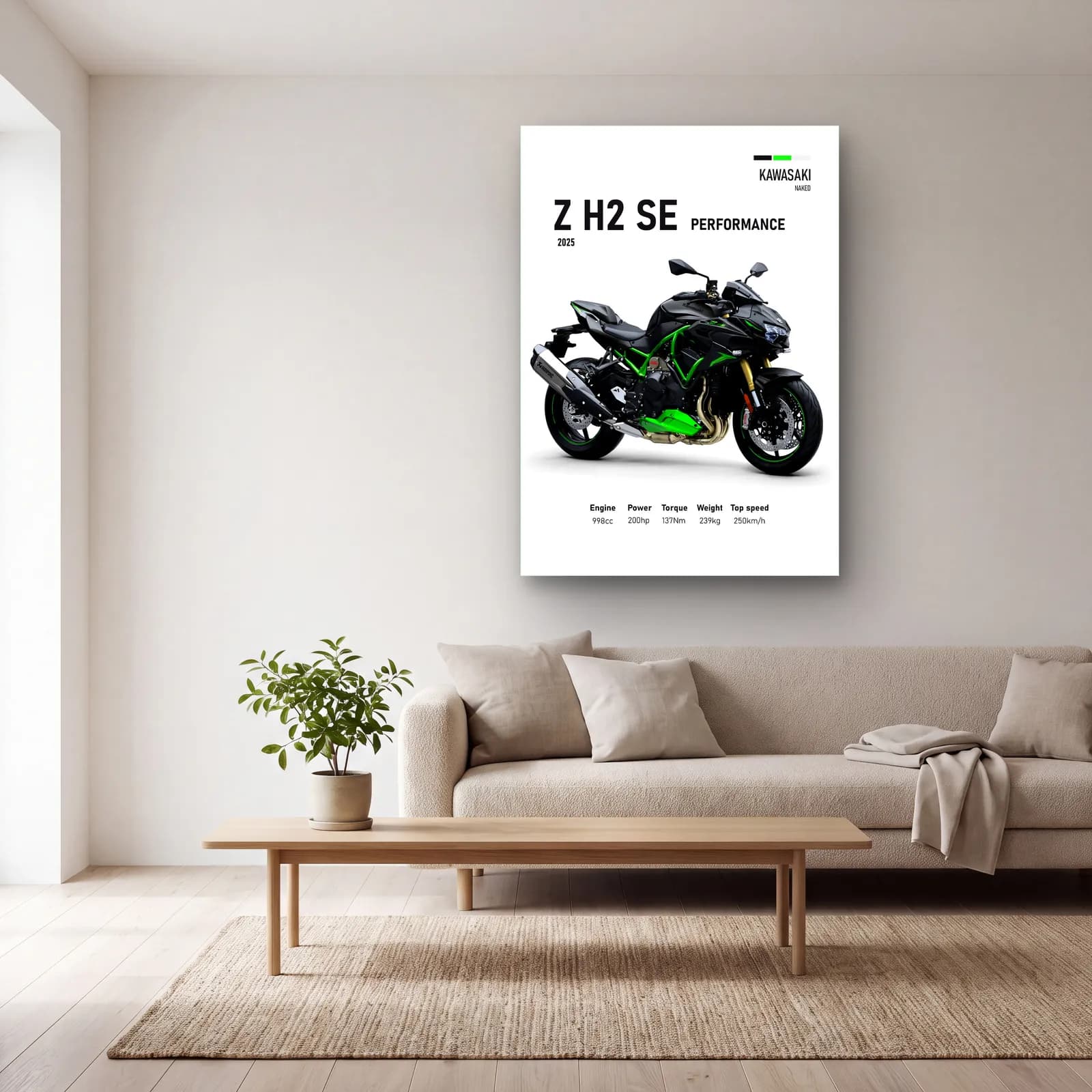 Kawasaki Z H2 SE Performance 2025 cam tablo — açık renk salonda
