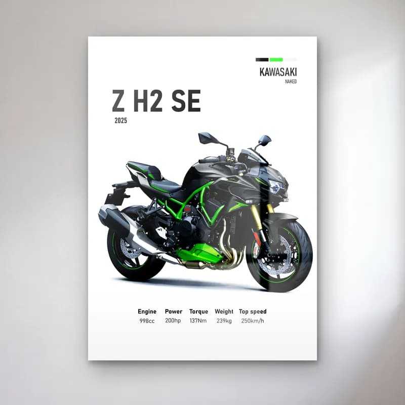 Kawasaki Z H2 SE 2025 cam tablo — Beyaz zeminde siyah yeşil Kawasaki Z H2 SE 2025 ve teknik veriler