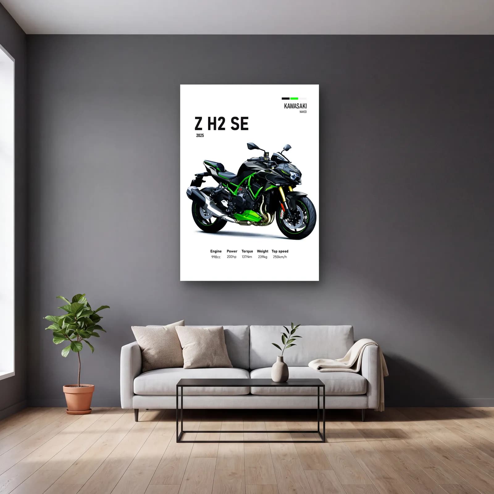 Kawasaki Z H2 SE 2025 cam tablo — gri duvarlı salonda