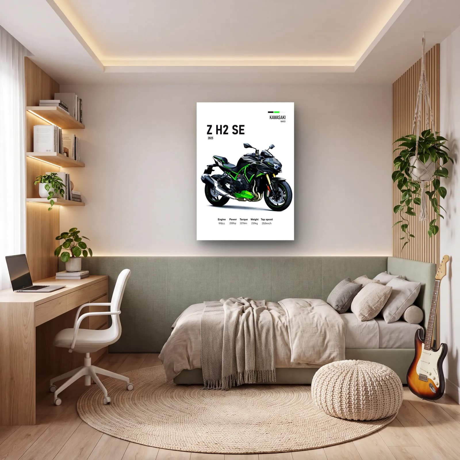 Kawasaki Z H2 SE 2025 cam tablo — genç odasında
