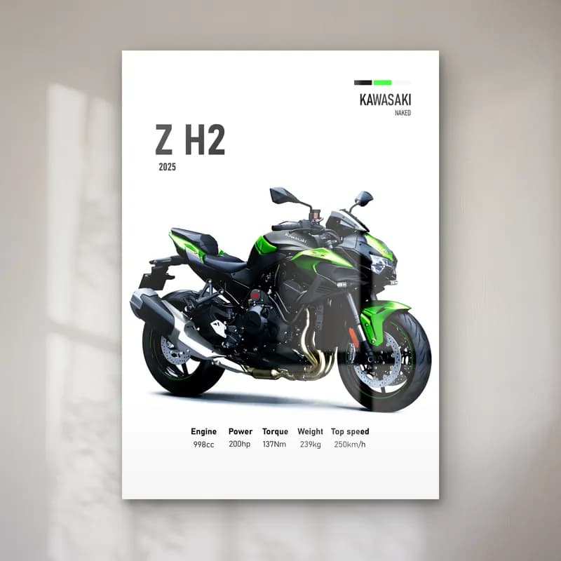 Kawasaki Z H2 2025 cam tablo — Beyaz zeminde siyah yeşil Kawasaki Z H2 2025 ve teknik veriler