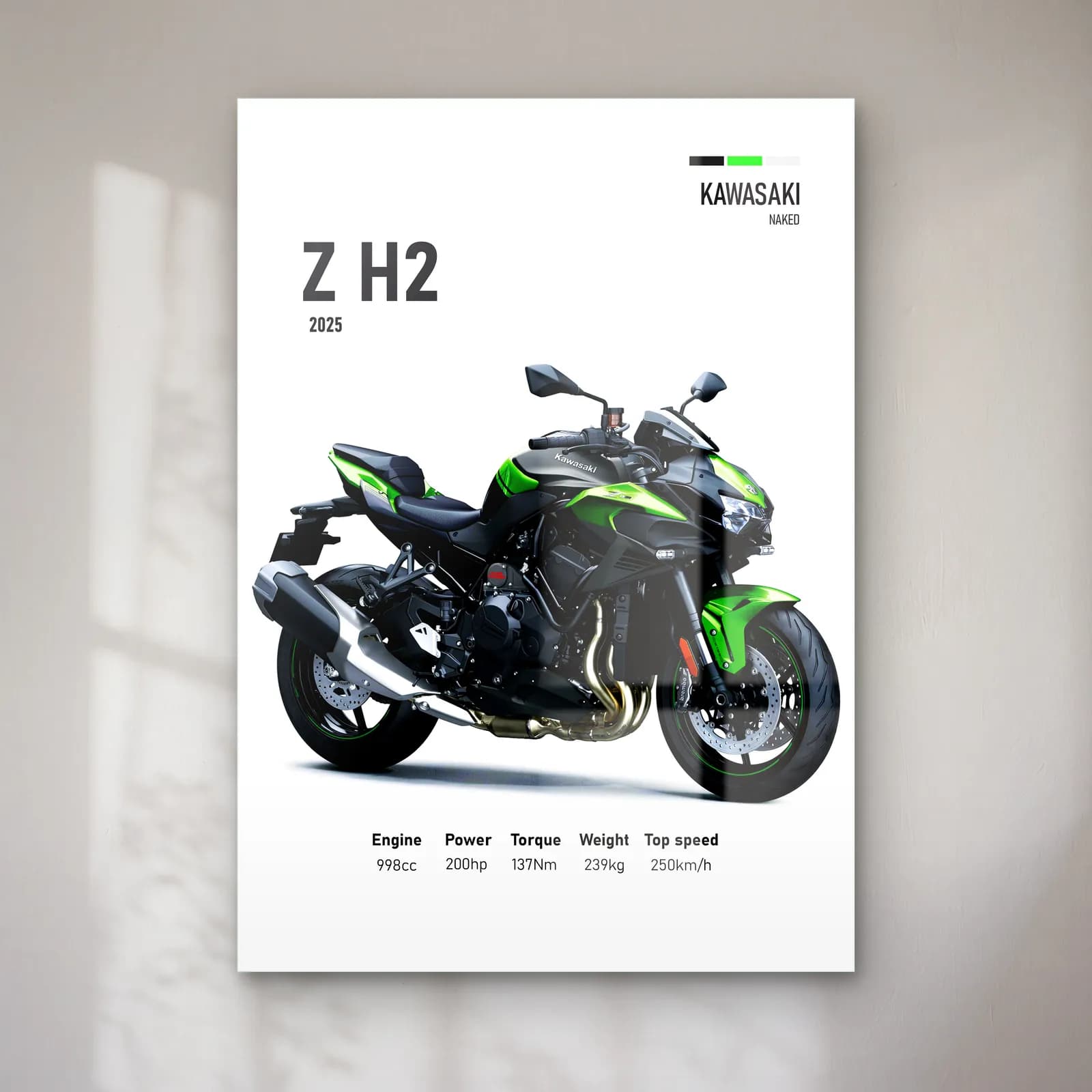 Kawasaki Z H2 2025 cam tablo — Beyaz zeminde siyah yeşil Kawasaki Z H2 2025 ve teknik veriler