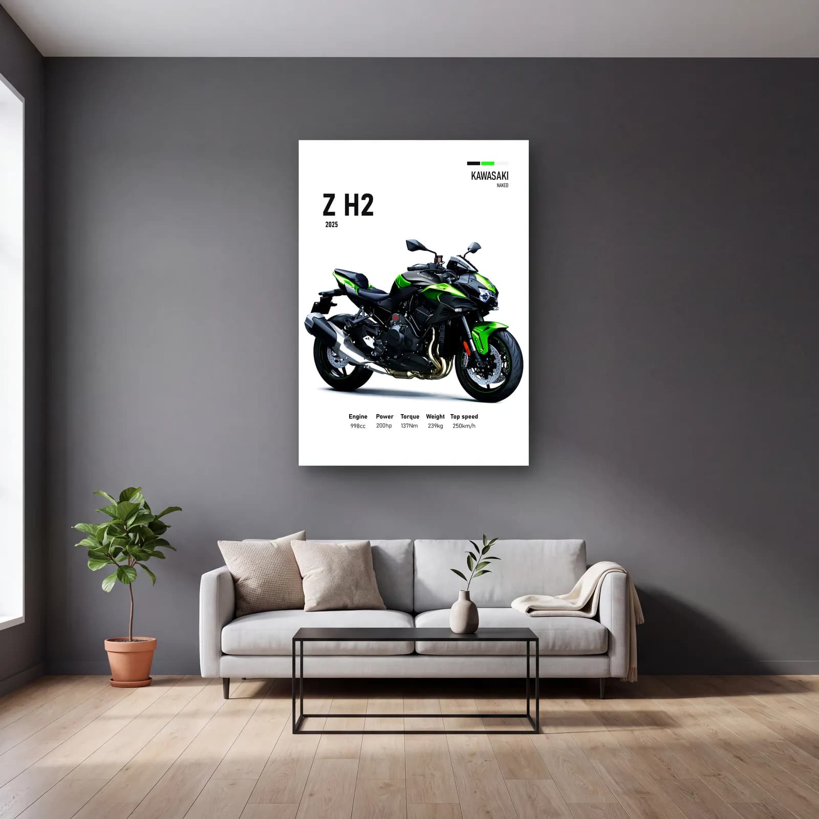 Kawasaki Z H2 2025 cam tablo — gri duvarlı salonda