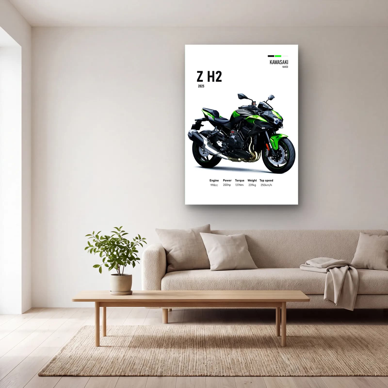 Kawasaki Z H2 2025 cam tablo — açık renk salonda